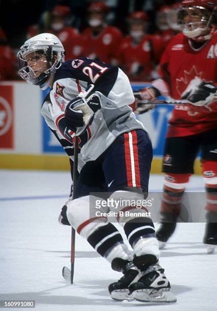 Cammi Granato of Team USA skates on the ice during an exhibition game against Team Canada during the NHL All-Star weekend on January 16, 1998 at the...