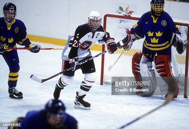 Cammi Granato of Team USA skates on the ice during the women's first round match against Team Sweden at the 1998 Nagano Winter Olympics on February...