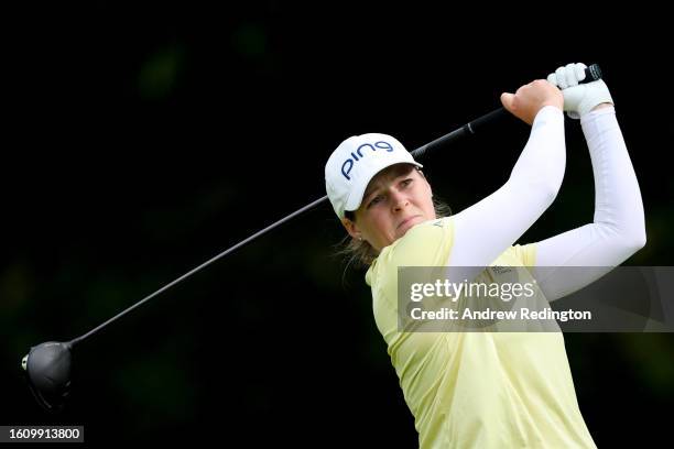 Ally Ewing of the United States plays her tee shot on the 8th hole on Day Three of the AIG Women's Open at Walton Heath Golf Club on August 12, 2023...