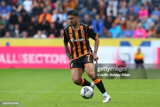 Ozan Tufan of Hull City in action during the Sky Bet Championship match between Hull City and Sheffield Wednesday at MKM Stadium on August 12, 2023...