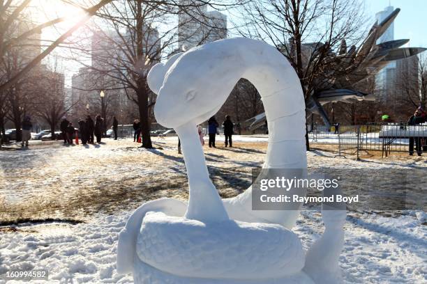 Hikari Sugisaki, Luis Mejico, Chloe Yanny-Tillar, Celia Calder, Nora Hardy and Rory Johnson's "Cup O Joanne" ice sculpture, during "Snow Days Chicago...