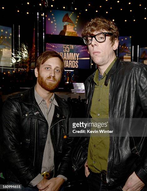 Musicians Dan Auerbach and Patrick Carney of The Black Keys pose backstage during the 55th Annual GRAMMY Awards at the STAPLES Center on February 8,...