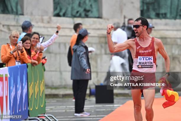 Spain's Alvaro Martin reacts after winning the men's 20km race walk final during the World Athletics Championships in Budapest on August 19, 2023.