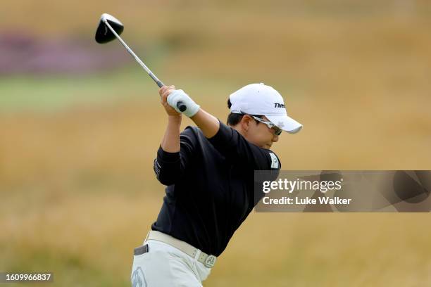 Jiyai Shin of South Korea plays her tee shot on the 15th hole on Day Three of the AIG Women's Open at Walton Heath Golf Club on August 12, 2023 in...