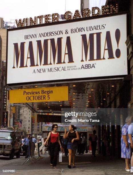 Marquee announces the upcoming fall musical "Mamma Mia" based on the songs of Abba August 22, 2001 at the Winter Garden Theatre in New York City.