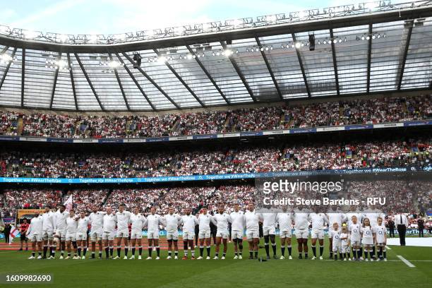 General view as players of England line up during the National Anthems prior to the Summer International match between England and Wales at...