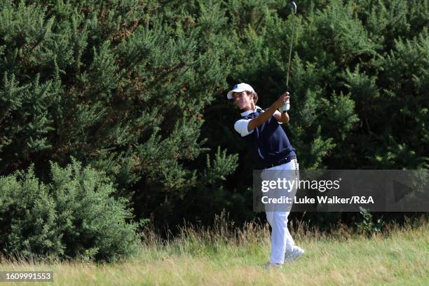 Michele Ferrero of Italy hits an approach shot during the Quarter Finals of Matchplay on Day Five of the R&A Boys' Amateur Championship at Ganton...