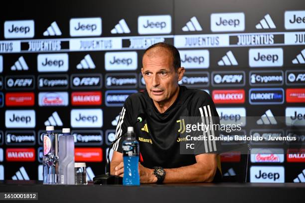 Massimiliano Allegri of Juventus attends a press conference at Allianz Stadium on August 19, 2023 in Turin, Italy.