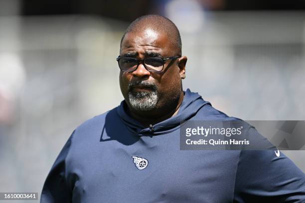 Assistant head coach Terrell Williams of the Tennessee Titans looks on before the game against the Chicago Bears at Soldier Field on August 12, 2023...