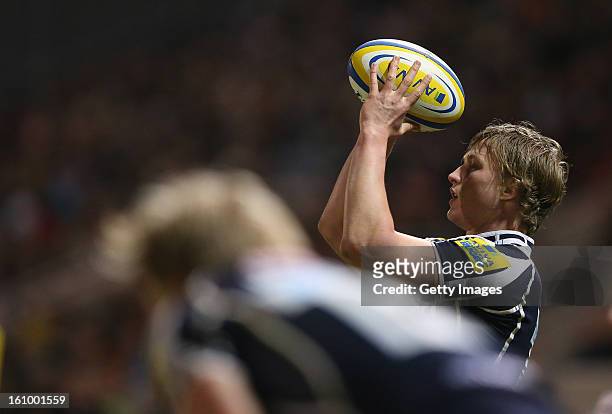 Tommy Taylor of Sale Sharks throws the ball in to a line out during the Aviva Premiership match between Sale Sharks and Exeter Chiefs at Salford City...