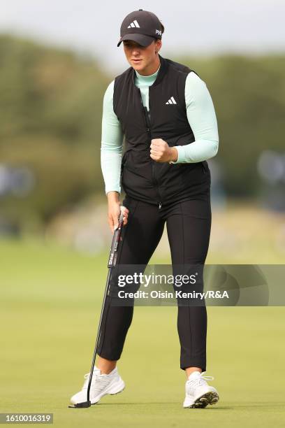 Linn Grant of Sweden celebrates after putting on the 15th green on Day Three of the AIG Women's Open at Walton Heath Golf Club on August 12, 2023 in...