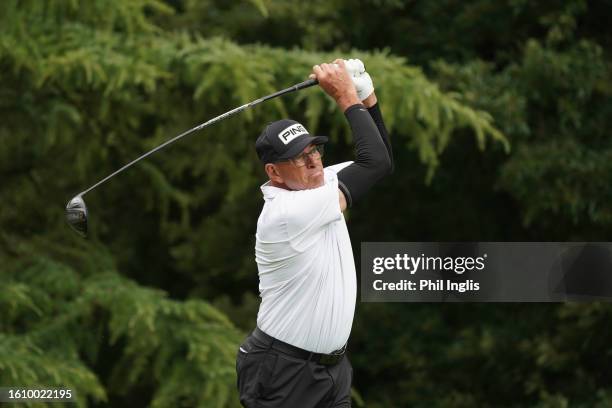 Peter Fowler of Australia in action during Day One of the Legends Tour Trophy hosted by Simon Khan at Hanbury Manor Marriott Hotel & Country Club on...