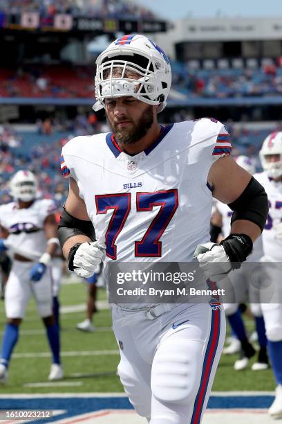 David Quessenberry of the Buffalo Bills warms up prior to a preseason game against the Indianapolis Colts at Highmark Stadium on August 12, 2023 in...