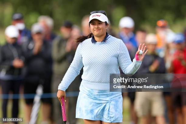 Lilia Vu of the United States acknowledges the crowd after finishing her round on the 18th holeduring the Day Three of the AIG Women's Open at Walton...