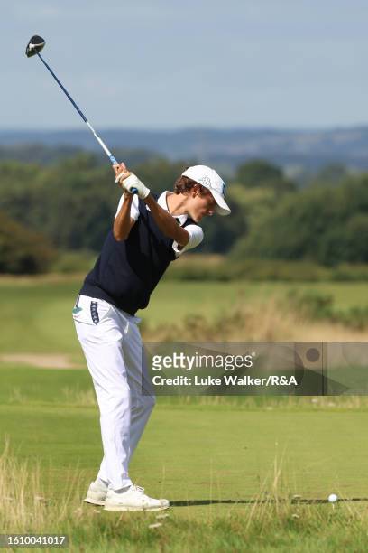 Michele Ferrero of Italy tees off during the Quarter Finals of Matchplay on Day Five of the R&A Boys' Amateur Championship at Ganton Golf Club on...