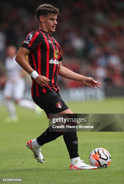 Milos Kerkez of Bournemouth during the Premier League match between AFC Bournemouth and West Ham United at Vitality Stadium on August 12, 2023 in...