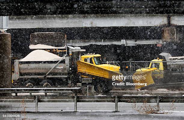Massachusetts Deparment of Transportation workers prepare snow plows at a salt depot under Interstate 93 in Somerville, Massachusetts, U.S., on...