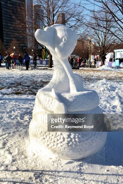 Hikari Sugisaki, Luis Mejico, Chloe Yanny-Tillar, Celia Calder, Nora Hardy and Rory Johnson's "Cup O Joanne" ice sculpture, during "Snow Days Chicago...