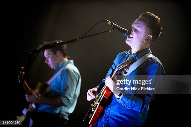 Sam Halliday and Alex Trimble of Two Door Cinema Club perform at Brixton Academy on February 8, 2013 in London, England.