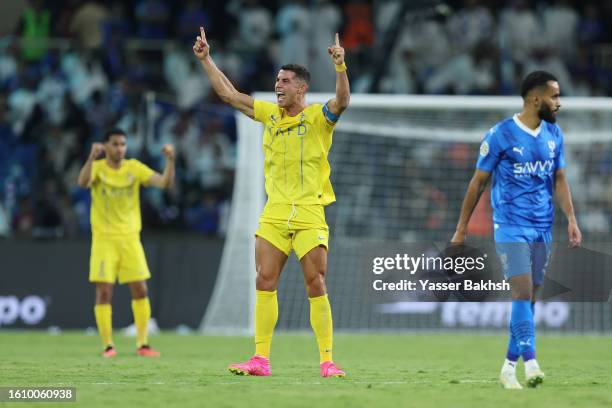 Cristiano Ronaldo of Al Nassr celebrates after scoring the team's second goal during the Arab Club Champions Cup Final between Al Hilal and Al Nassr...