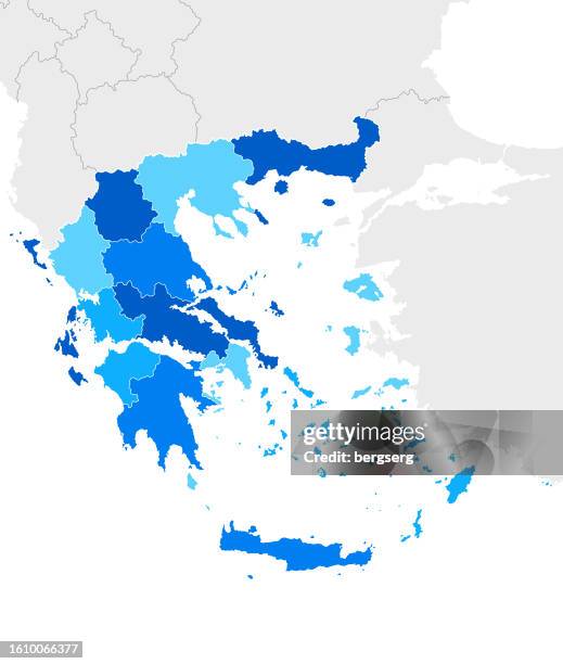 stockillustraties, clipart, cartoons en iconen met high detailed greece blue map with regions and national borders of albania, bulgaria, turkey, north macedonia,  kosovo, montenegro - greece v albania