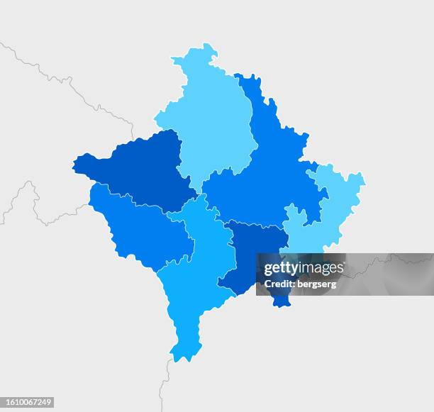 ilustraciones, imágenes clip art, dibujos animados e iconos de stock de mapa azul de kosovo altamente detallado con regiones y fronteras nacionales de montenegro, serbia, macedonia del norte, albania - pristina