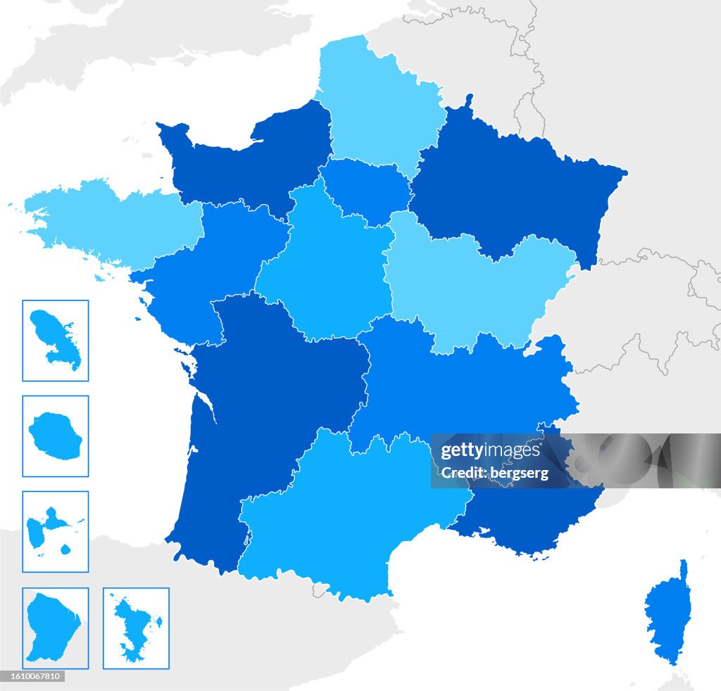 High detailed France Blue map with Regions and national borders of United Kingdom, Andorra, Spain, Belgium, Luxembourg, Switzerland, Germany, Italy