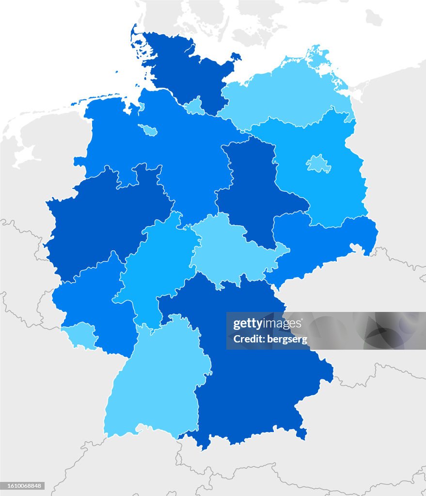 High detailed Germany Blue map with Regions and national borders of Netherlands, Belgium, Denmark, Czech Republic, Poland, Austria, Switzerland, Luxembourg, France