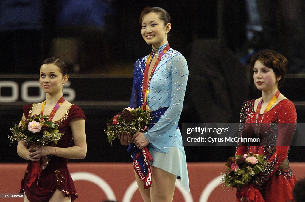 TURIN, ITALY. THURSDAY, FEBUARY 23, 2006. The Winter Olympics ladies free program was tonite at the Palavela. Japanese skater Shizuka Arakawa (center) won gold, Sasha Cohen (left) won silver and Irina Slutskaya the bronze (right) (DENVER POST PHOTO BY CYR