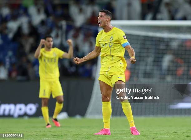 Cristiano Ronaldo of Al Nassr celebrates after scoring the team's second goal during the Arab Club Champions Cup Final between Al Hilal and Al Nassr...