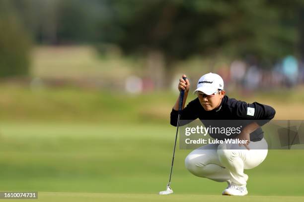 Jiyai Shin of South Korea prepares to play her putt shot on to 18th hole on Day Three of the AIG Women's Open at Walton Heath Golf Club on August 12,...