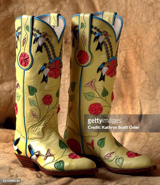 Buffalo Bill Museum cowboy boot exhibit. Stephanie Ferguson's hummingbird and flower boots.