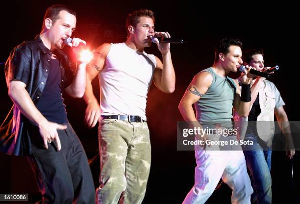 The teen group 98 Degrees perform live in concert August 22, 2001 at Jones Beach, New York.
