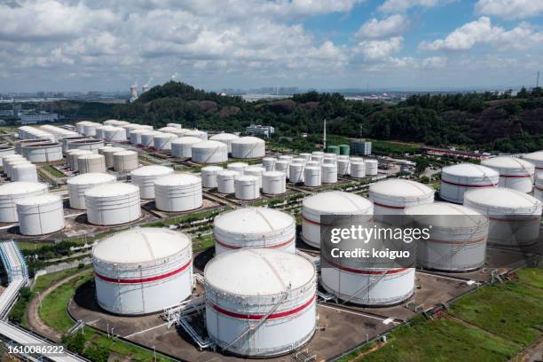 dense oil storage tanks at the oil terminal - stahlfass stock-fotos und bilder
