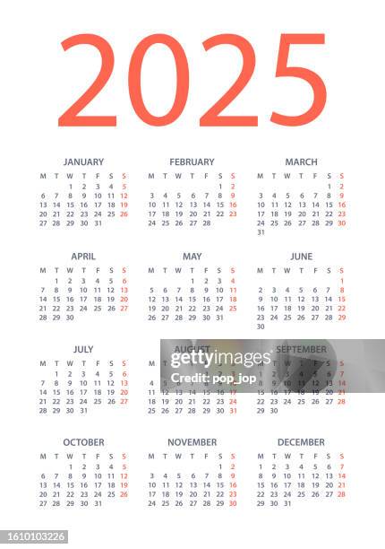 illustrazioni stock, clip art, cartoni animati e icone di tendenza di calendario 2025 - illustrazione vettoriale. la settimana inizia il lunedì - calendario