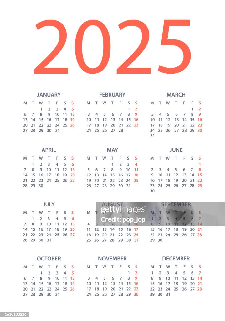 Calendar 2025 - vector illustration. Week starts on Monday