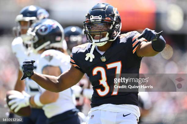 Elijah Hicks of the Chicago Bears reacts after a defensive stop in the first quarter against the Tennessee Titans during a preseason game at Soldier...