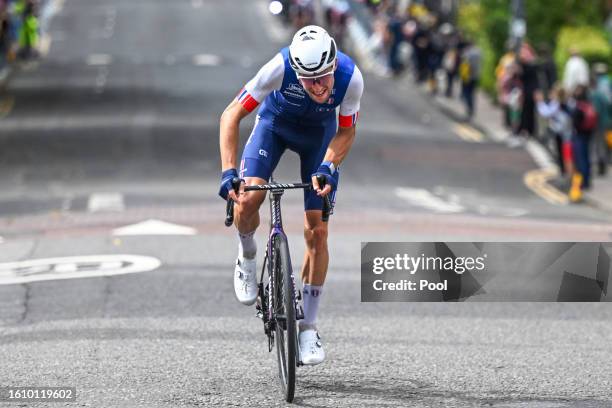 Axel Laurance of France competes in the breakaway during the Men Under 23 Road Race a 168.4km race from Loch Lomond to Glasgow at the 96th UCI...