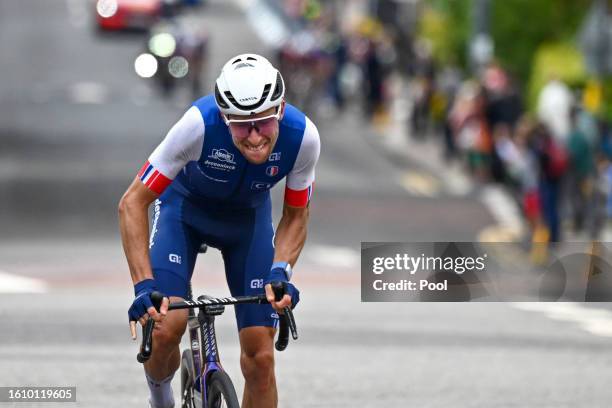 Axel Laurance of France competes in the breakaway during the Men Under 23 Road Race a 168.4km race from Loch Lomond to Glasgow at the 96th UCI...