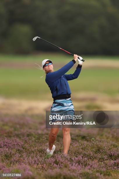 Jodi Ewart Shadoff of England plays her second shot on the 18th hole on Day Three of the AIG Women's Open at Walton Heath Golf Club on August 12,...