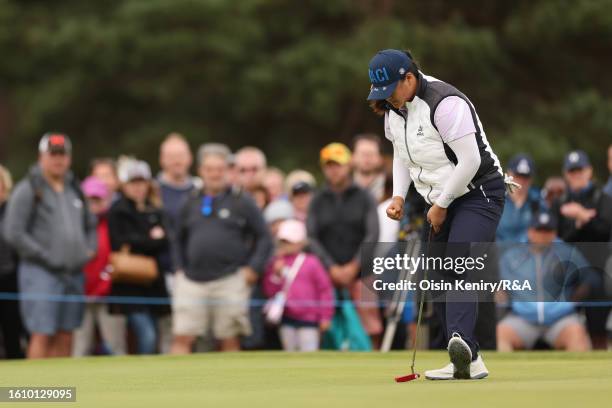 Angel Yin of the United States celebrates after putting on the 16th green on Day Three of the AIG Women's Open at Walton Heath Golf Club on August...