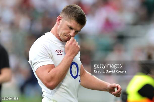 Owen Farrell of England reacts as they leave the field after receiving a yellow card during the Summer International match between England and Wales...