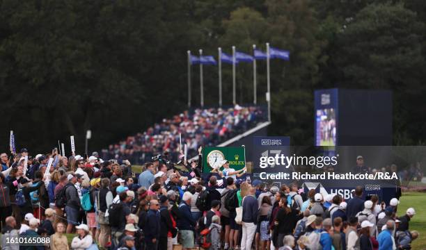 Charley Hull of England tees off on the 17th hole on Day Three of the AIG Women's Open at Walton Heath Golf Club on August 12, 2023 in Tadworth,...