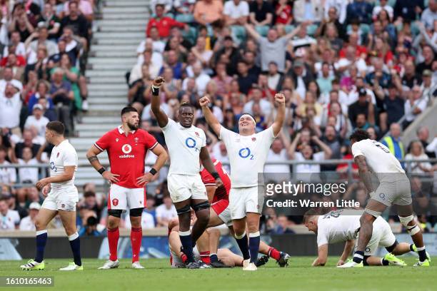 Maro Itoje and Jamie George of England celebrates victory after defeating Wales during the Summer International match between England and Wales at...