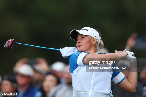 Charley Hull of England tees off on the 18th hole on Day Three of the AIG Women's Open at Walton Heath Golf Club on August 12, 2023 in Tadworth,...