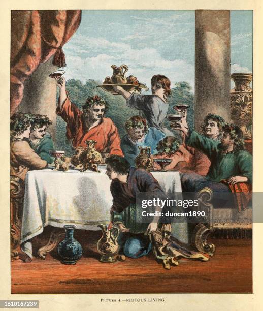 illustrations, cliparts, dessins animés et icônes de l’histoire du fils prodigue, boire du vin, vivre tumultueusement, art religieux victorien, années 1880 19ème siècle - repas entre amis