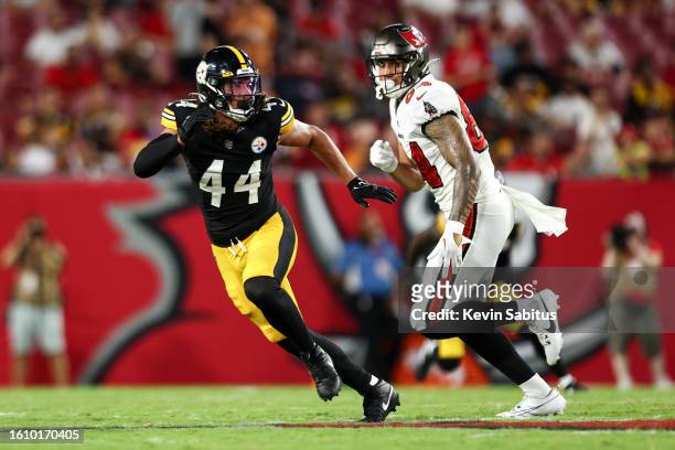 Tanner Muse of the Pittsburgh Steelers runs downfield during an NFL preseason football game against the Tampa Bay Buccaneers at Raymond James Stadium...