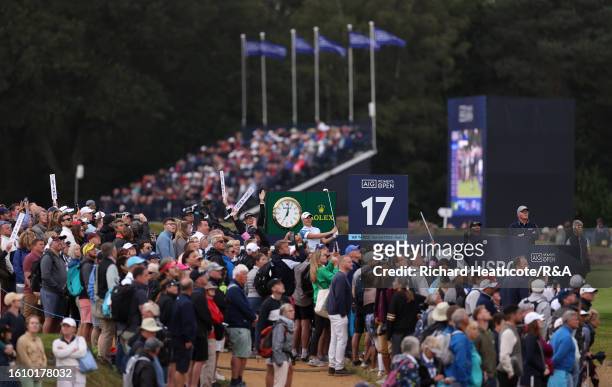Charley Hull of England tees off on the 17th hole on Day Three of the AIG Women's Open at Walton Heath Golf Club on August 12, 2023 in Tadworth,...