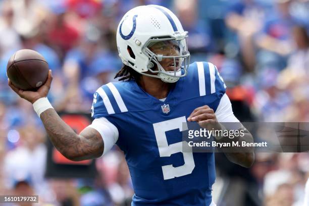 Anthony Richardson of the Indianapolis Colts passes the ball during the first quarter of a preseason game against the Buffalo Bills at Highmark...