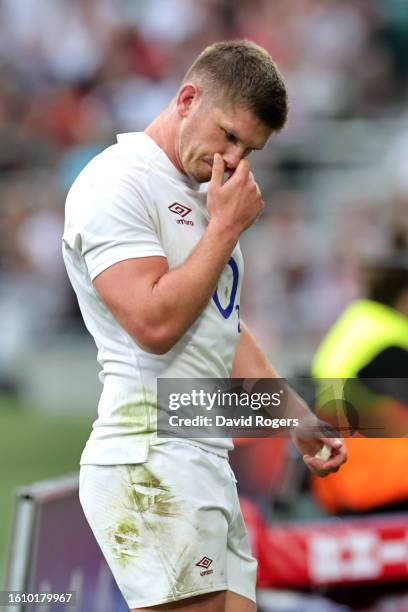 Owen Farrell of England reacts as they leave the field after receiving a yellow card during the Summer International match between England and Wales...